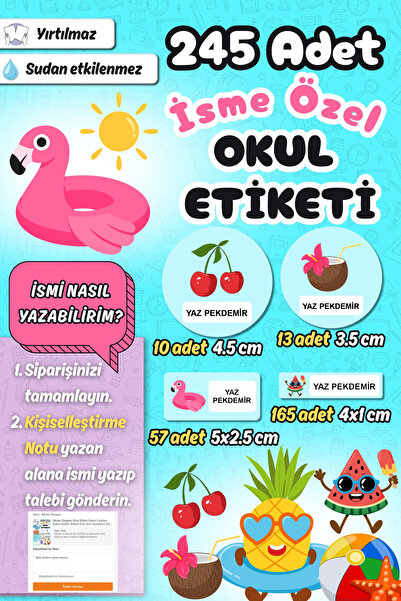 Sticker Ekspres Okul Etiketi Yaz Temalı Kalem Defter Etiketi Özel İsim Yazıla...