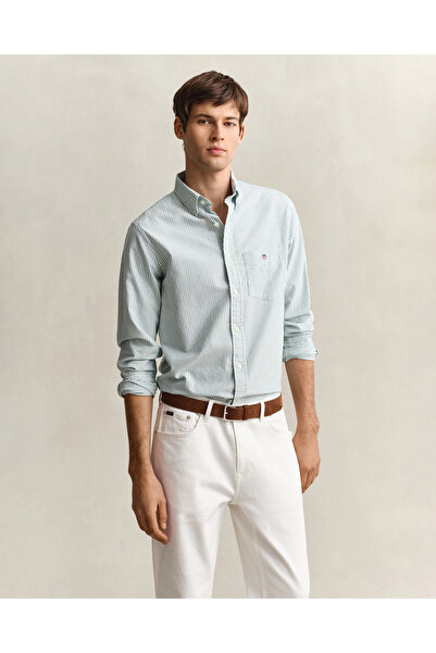 Gant Erkek Yeşil Regular Fit Çizgili Logolu Gömlek