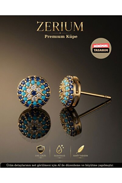 ZERİUM Women's Steel Stud Earrings with Turquoise Stone and Evil Eye Bead Fig...