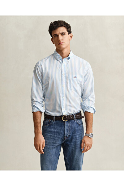 Gant Erkek Mavi Regular Fit Çizgili Logolu Gömlek