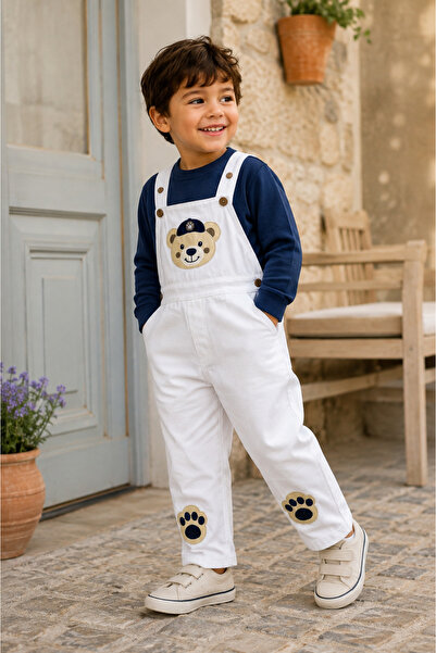 NOTA KİDS Boy's Teddy Bear Embroidered Gabardine Salopet Set – 2-Piece Set wi...