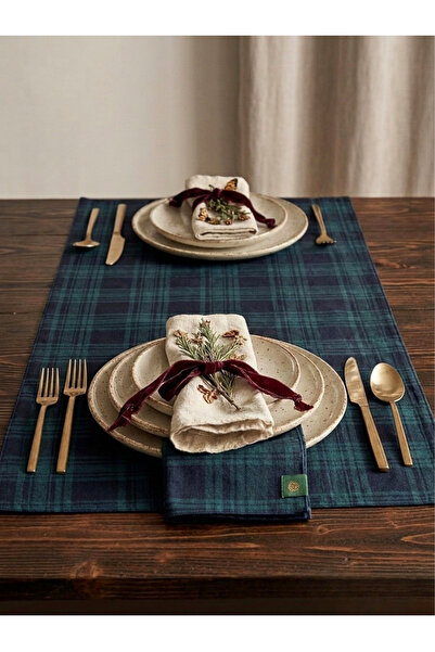Pine Home 45x150 cm Lacivert Ekose Runner Özel Seri Davet Yeni yıl Tartan Mas...