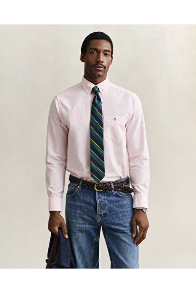 Gant Erkek Pembe Regular Fit Çizgili Logolu Gömlek
