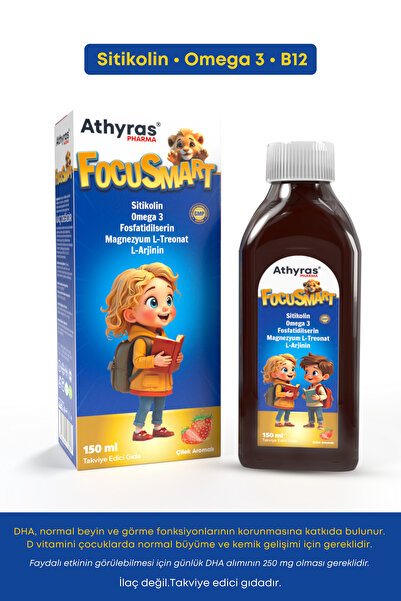 Athyras Pharma FocuSmart Sitikolin, Omega 3 ve Balık Yağı Çocuk Şurubu 150 ml...