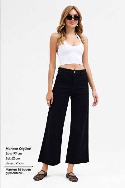 Ucajean UCA JEANS Kadın Siyah Yüksek Bel Kesik Paça Wide Leg Jean