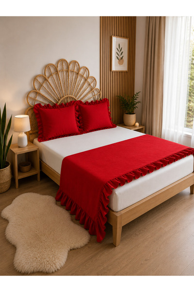 Decamor home İnci Kırmızı Fırfırlı Yatak Runner 2 Li Kırlent Seti Yatak Şalı ...