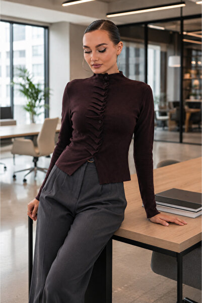 ŞİMAL Women's Stand Collar Front Ruffle Detailed Button Closure Knitwear Card...