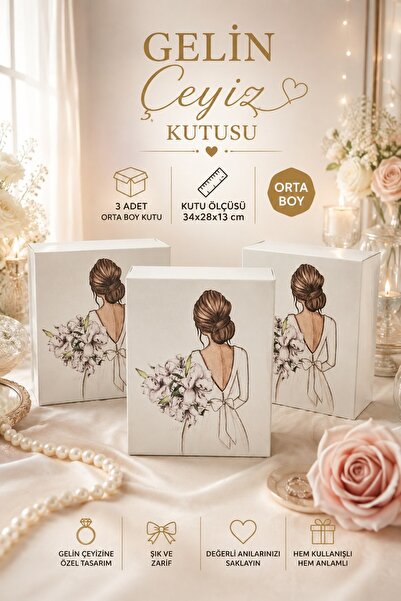 CREARTHOME Gelin Bohçası 3'lü Orta Boy 34x28x13 cm Set Gelin-Çeyiz Kutusu- He...