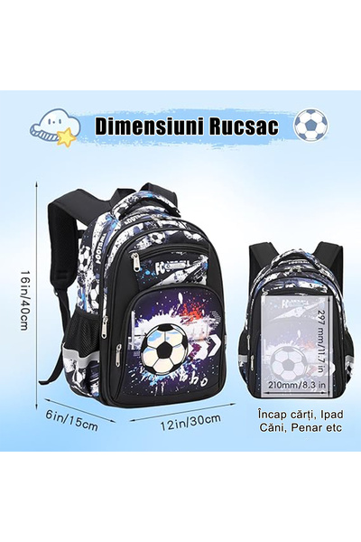 Joystos Rucsac școlar pentru copii, JOYSTOS, Multifuncțional, Design cu tematică de fotbal, Ergonomic, Impermeabil, 16 x 11 x 6.5 inch, pentru școală și activități zilnice, Vârsta 5-12 ani