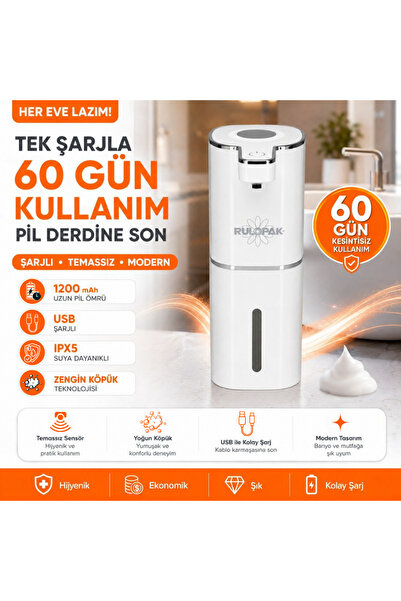 Rulopak Otomatik Sensörlü Tezgahüstü Köpük Sabun Dispenseri Şarjlı Beyaz