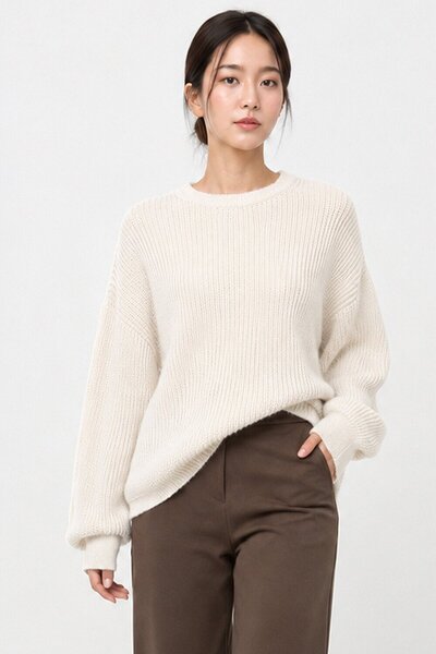 Abruzzo Ecru Crew Neck Oversize Women's Knitwear Sweater