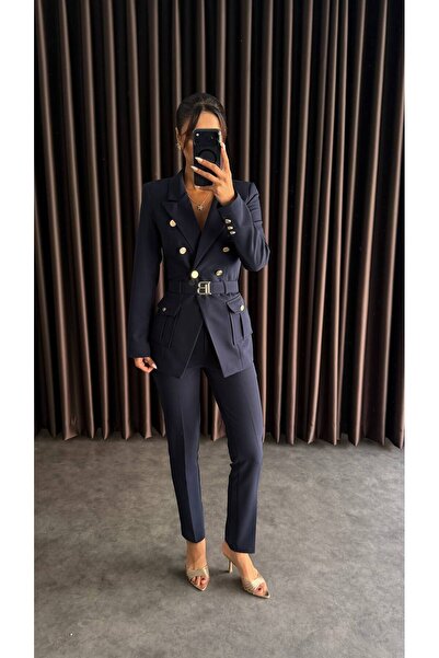 ZF BUTİK Navy Blue Belt Detailed Gold Button Suit
