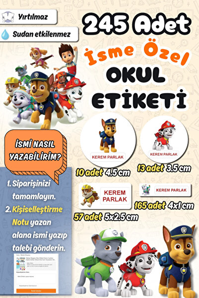 Sticker Ekspres Okul Etiketi Paw Patrol Kalem Defter Etiketi Özel İsim Yazıla...