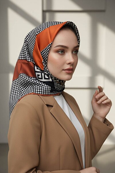 Vissona %100 Twill İpek Kazayağı Desenli Turuncu - Taba Renkli 90x90 Eşarp Di...