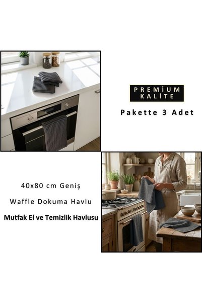 Püskül Tekstil Luxury Hand Towel Set of 3, Waffle Weaving, 100% Cotton High Quality Quick Drying Hand Towels