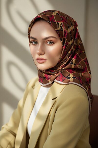 Vissona 100% Twill Silk Geometric Patterned Brown - Red Colored 90X90 Scarf S...