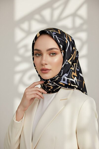 Vissona %100 Twill İpek Soyut Geometrik Desenli Gold - Gri Renkli 90x90 Eşarp...