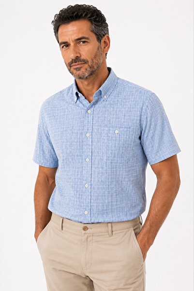 Beyome Men's Short Sleeve Shirt with Buttoned Collar and Pocket, Cotton, Summ...