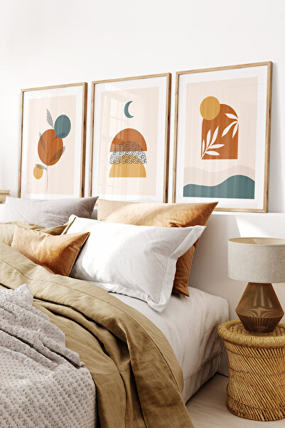 Pena Tablo 3 Parça Ahşap Çerçeveli Boho Geometrik Tablo Seti - Kiremit ve Har...