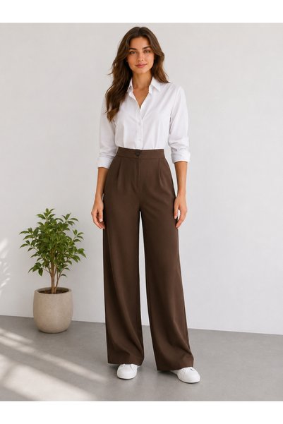 Warasiva Women's Brown High Waist Pleated Buttoned Lycra Stretchy Comfortable Fit Palazzo Trousers