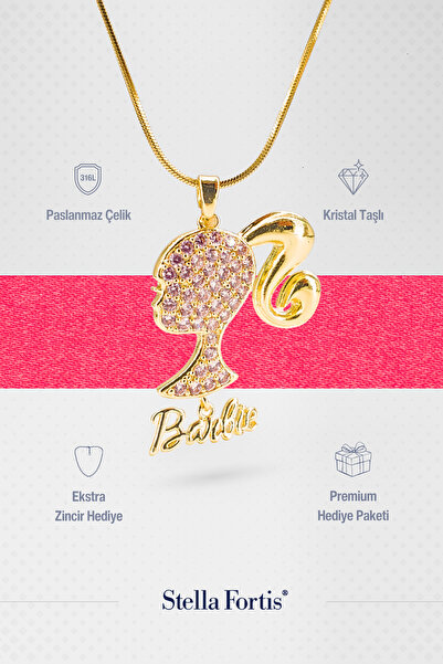Stella Fortis Barbie Figürlü Taşlı Kadın Kolye - Kristal Süslemeli | 316L Pas...