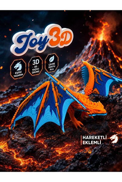 JOY 3D Alev Desenli Dev Kanatlı Hareketli Eklemli Turuncu Mavi Ejderha Figürü...