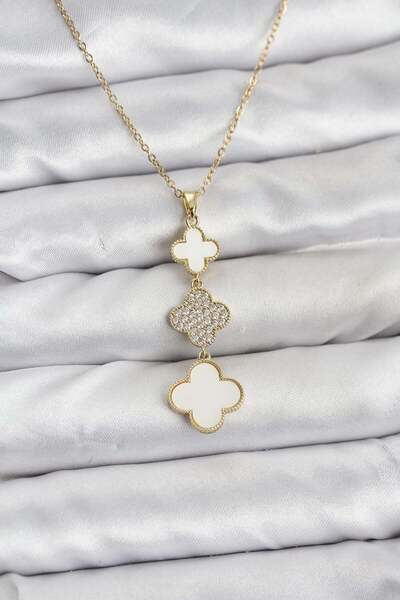 Inure Jewelry 316L Steel Chain Gold Color Clover Detailed Zircon Stone Women'...