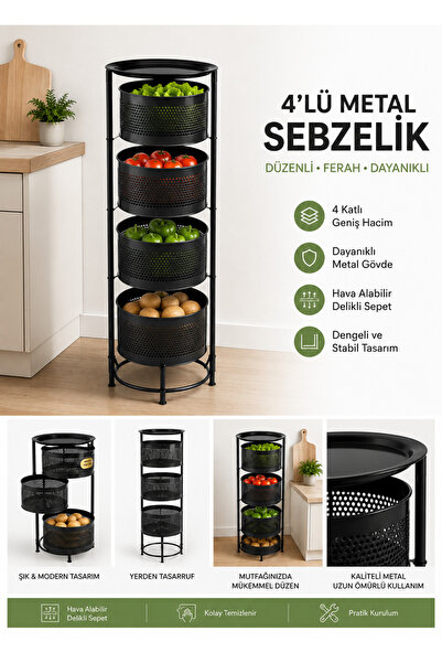 denizhomecollection Metal Sebzelik ve Meyvelik, Yuvarlak Mutfak Rafi, Çok Ama...