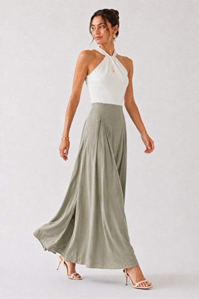 Dream Style Women's Khaki Tencel Elastic Waist Double Pocket Skirt-Looking Pants