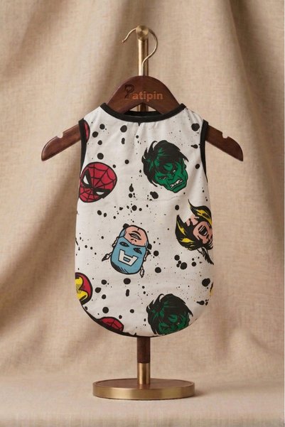 Patipin White Avengers Patterned Cat Dog T-Shirt - Hero Printed Cotton Dog Apparel