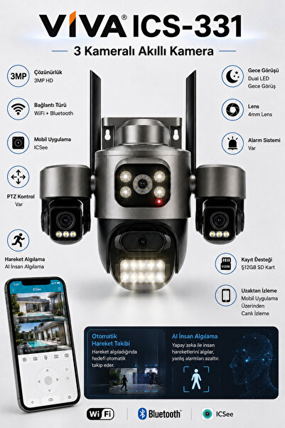 VİVA ICS-331 3 Kameralı Akıllı Dış Mekan PTZ WiFi Güvenlik Kamerası 3MP ICSee...