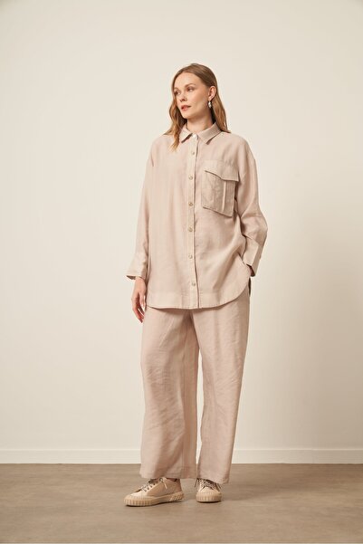 FTZ WOMEN Kadın Rahat Kalıp Modal Cepli Takım Beige 30717