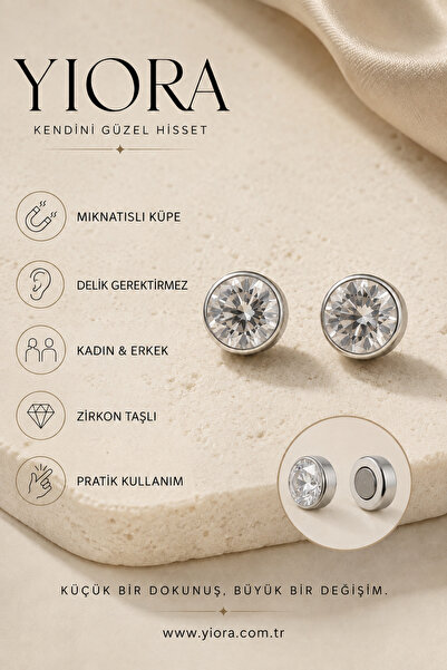 yiora jewelery Güçlü Mıknatıslı Sıkıştırmalı Deliksiz Gümüş Renk Tektaş Çelik...