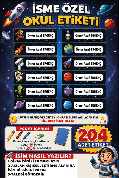 Ayza Tasarım İsme Özel Su Geçirmez Uzay Temalı Okul Etiketi Sticker Kişiye Öz...