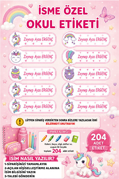 Ayza Tasarım Unicorn Kalem Defter Kitap Etiketi İsim Etiketi Kişiye Özel Yapı...