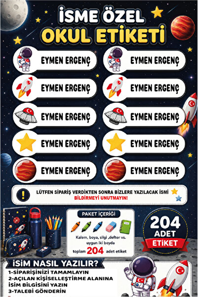 Ayza Tasarım İsme Özel Okul Etiketi Sticker Kişiye Özel Erkek Çocuk İsim Etik...