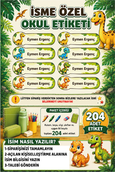Ayza Tasarım İsme Özel Su Geçirmez Dinozor Okul Etiketi Sticker Kişiye Özel Ç...