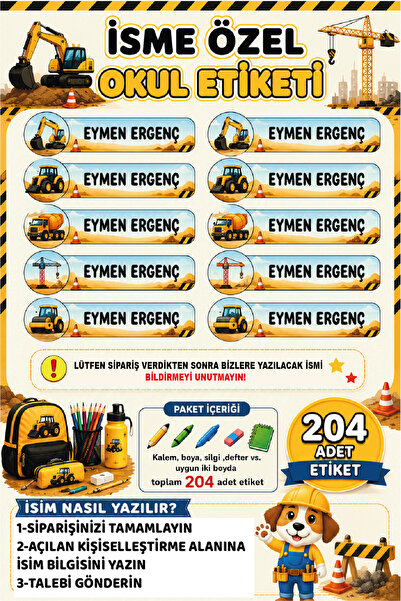 Ayza Tasarım İsme Özel Okul Etiketi Sticker Kişiye Özel Erkek Çocuk İsim Etik...