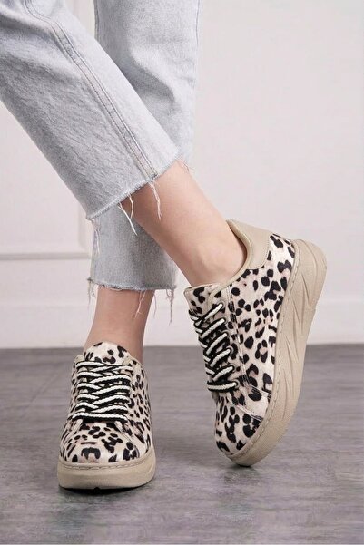 İmerShoes Günlük Kadın Sneaker Leopar Desenli Bağcıklı Oval Burun Yüksek Kalın Topuklu Spor Ayakkabı 313