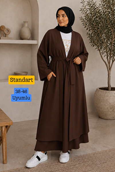 Balenbi Kadın Kuşaklı Kimono Hırka Bol Paça Pantolon 2'li Abaya Takım 1230 Ka...