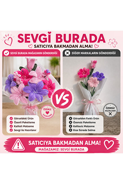 Sevgi burada El Yapımı Şönil Çiçek Buketi – Dekoratif Mor & Pudra Tonları