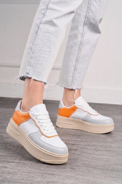 İmerShoes Daily Women's Beige Orange Sneaker Lace-Up Lightweight Thick High-S...