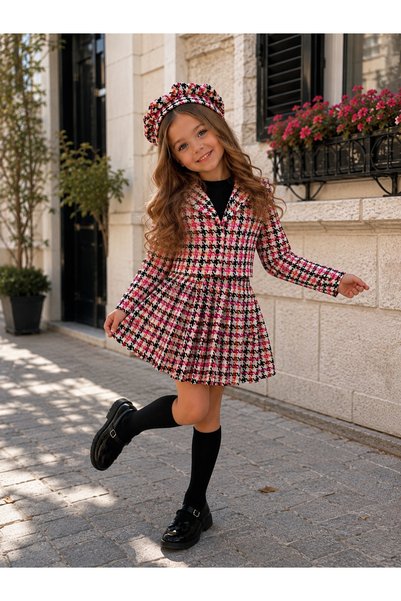ELAFOR Girl's Houndstooth Skirt Jacket Beret Badi Four-Piece Set (Top and Bottom) / Skirted Jacket Set - Holiday Outfit - April 23Rd