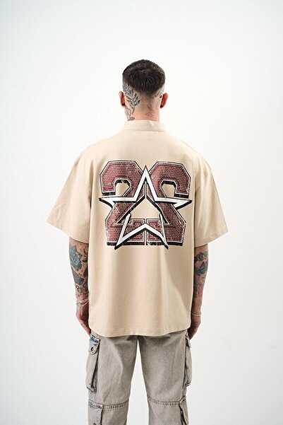 Respire Men's 22 Printed Half-Zip Oversize T-Shirt Beige
