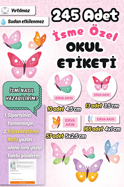Sticker Ekspres Okul Etiketi Kelebek Kalem Defter Etiketi Özel İsim Yazılabil...