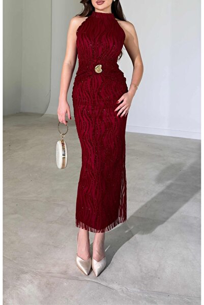 verabelle Accessory Detailed Halter Tie Collar Glittery Maxi Dress