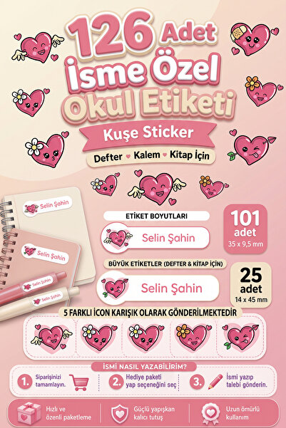 tifopix 126 Adet İsime Özel Okul Etiketi Seti Kalp Temalı Defter Kitap ve Kal...