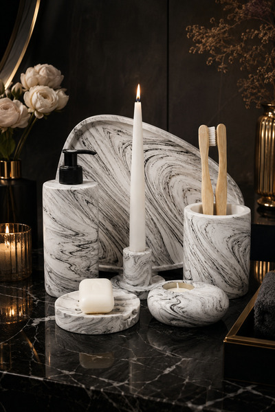 betonmall 6-Piece Marble Patterned Concrete Bathroom Set with Solid and Liqui...