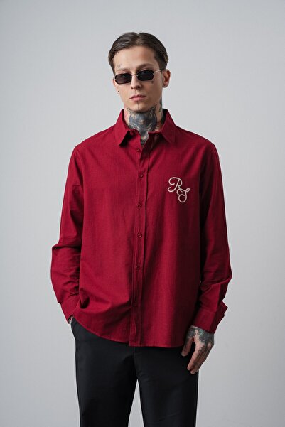Respire Men's Res Embroidered Long Sleeve Linen Oversized Shirt Claret Red