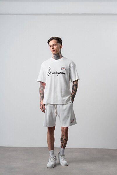 Respire Men's Countryman Embroidered Regular Fit T-Shirt Shorts Set Ecru